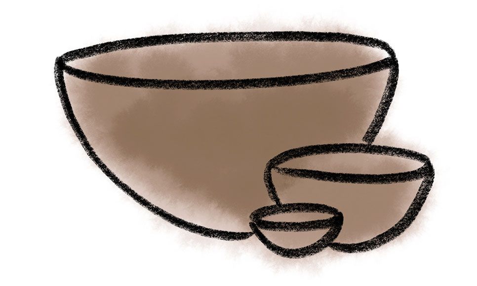 A simple crayon drawing of 3 bowls in tiny, medium, and large sizes with a watercolor wash in a warm pale brown color