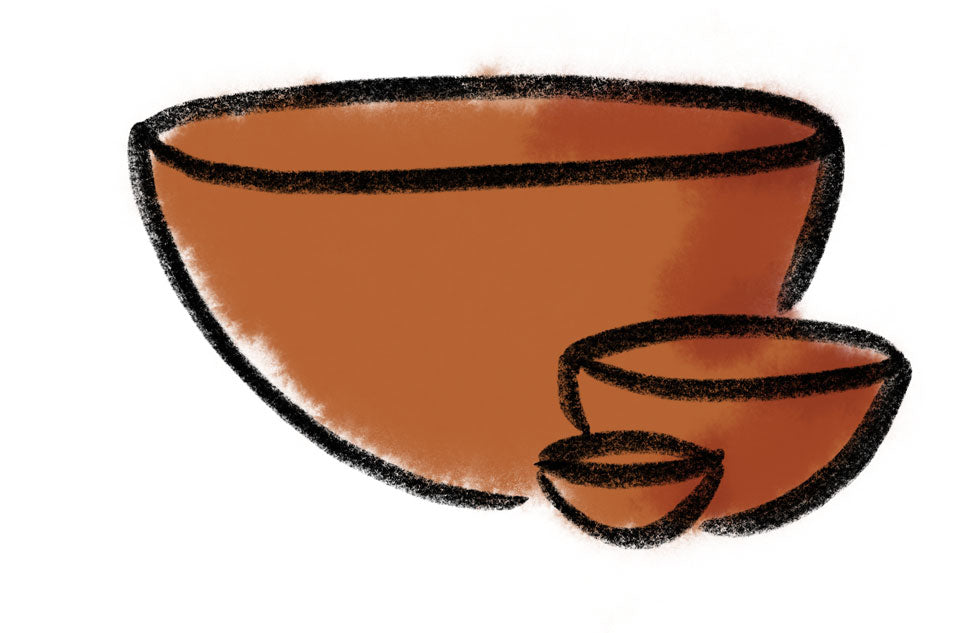 A simple crayon and watercolor illustration of three nested earthy orange bowls with black outlines.