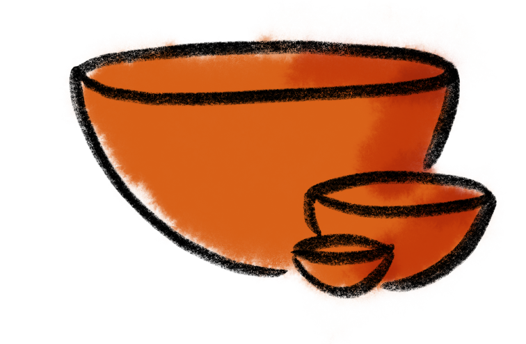 A simple crayon drawing of 3 bowls in tiny, medium, and large sizes with a watercolor wash in a bold orange color