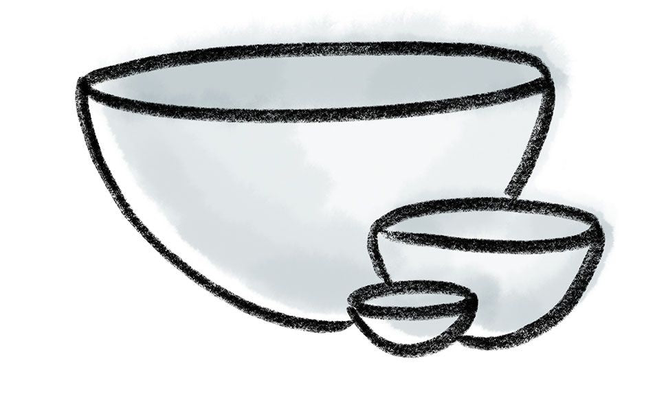 A simple crayon drawing of 3 bowls in tiny, medium, and large sizes with a watercolor wash in a cool white color