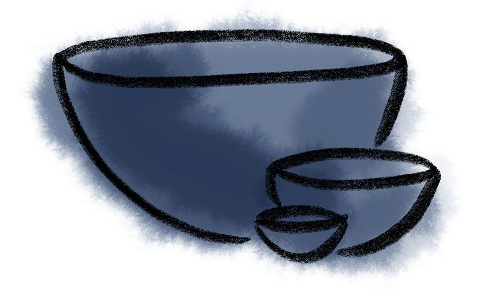A simple crayon drawing of 3 bowls in tiny, medium, and large sizes with a watercolor wash in a cool, medium blue color