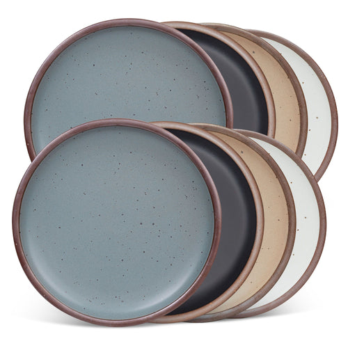 8 dinner sized ceramic plates in a blue-grey, graphite black, warm pale brown and cool white colors featuring iron speckles and an unglazed rim