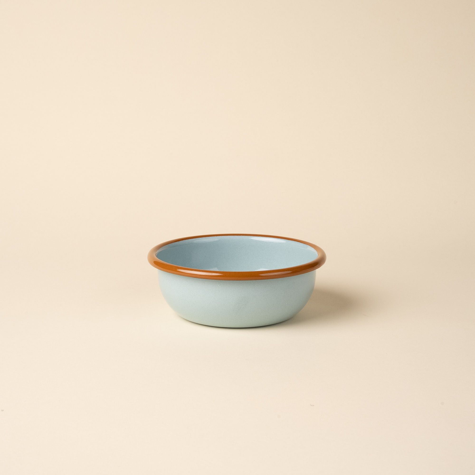 A small enamel bowl in robin's egg blue with a warm brown rim.