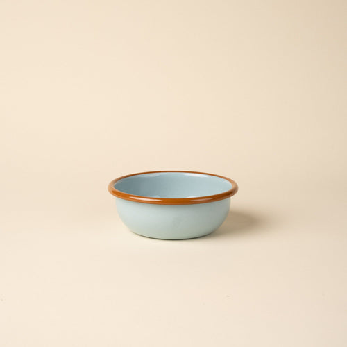 A small enamel bowl in robin's egg blue with a warm brown rim.