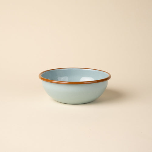 A medium enamel bowl in robin's egg blue with a warm brown rim.