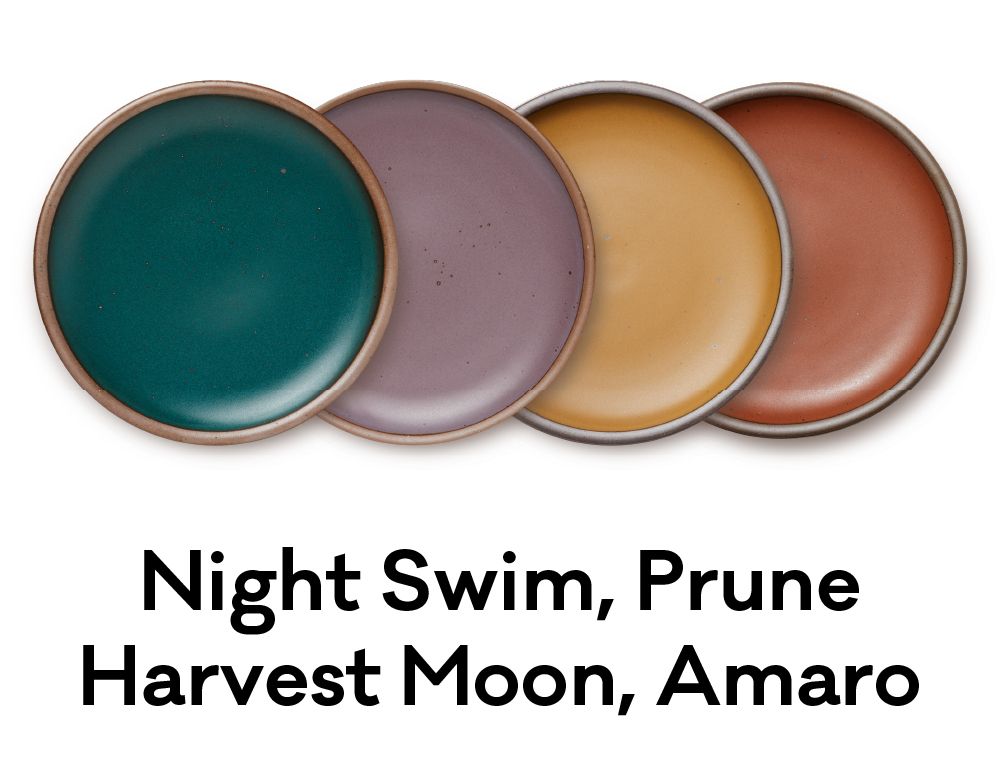 Four plates in a moody palette of dark green, prune, earthy orange, and a terra cotta red are positioned next to each other. Underneath, text reads:
