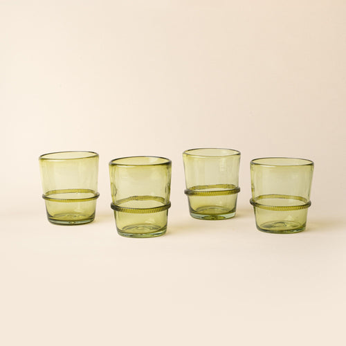 Set of four olive short recycled glass tumblers with a ridged band detail.