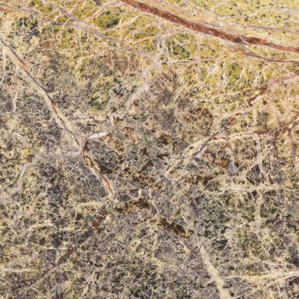 Close-up of green and beige marble surface with fine veins and speckled textures.