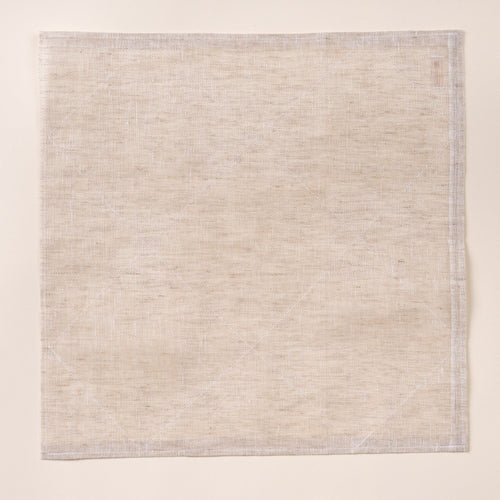 Square natural linen cleaning cloth laid flat on a light background, showing a subtle woven texture and stitched edges.