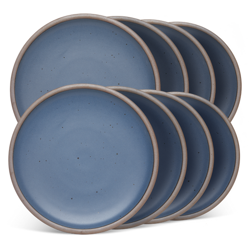 8 dinner sized ceramic plates in a cool, medium blue color featuring iron speckles and an unglazed rim