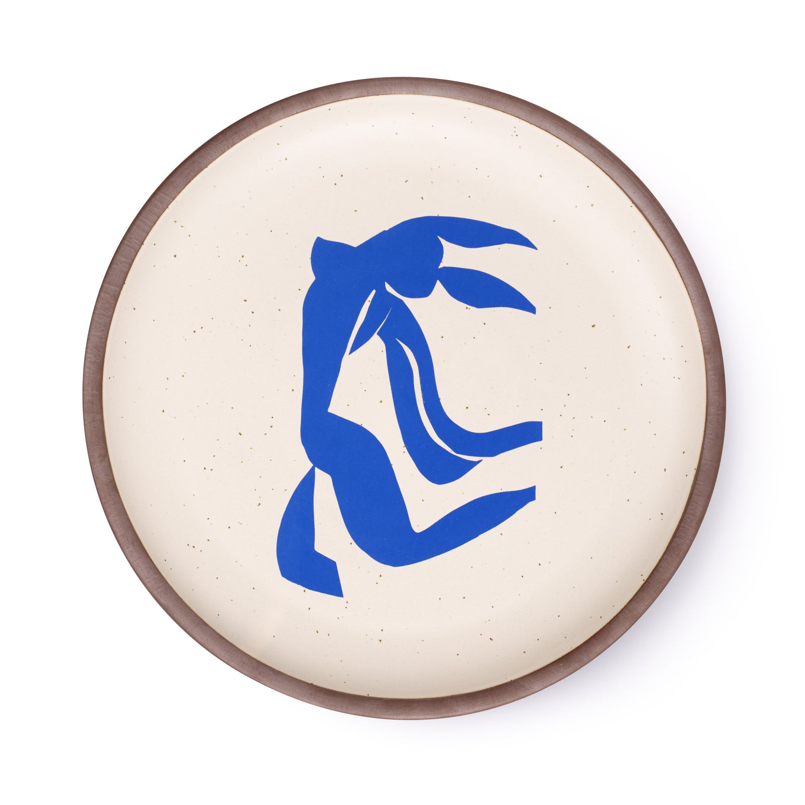 A large serving platter in a warm off-white color with unglazed rim with a blue decal of the artwork, La Chevelure, from Henri Matisse.