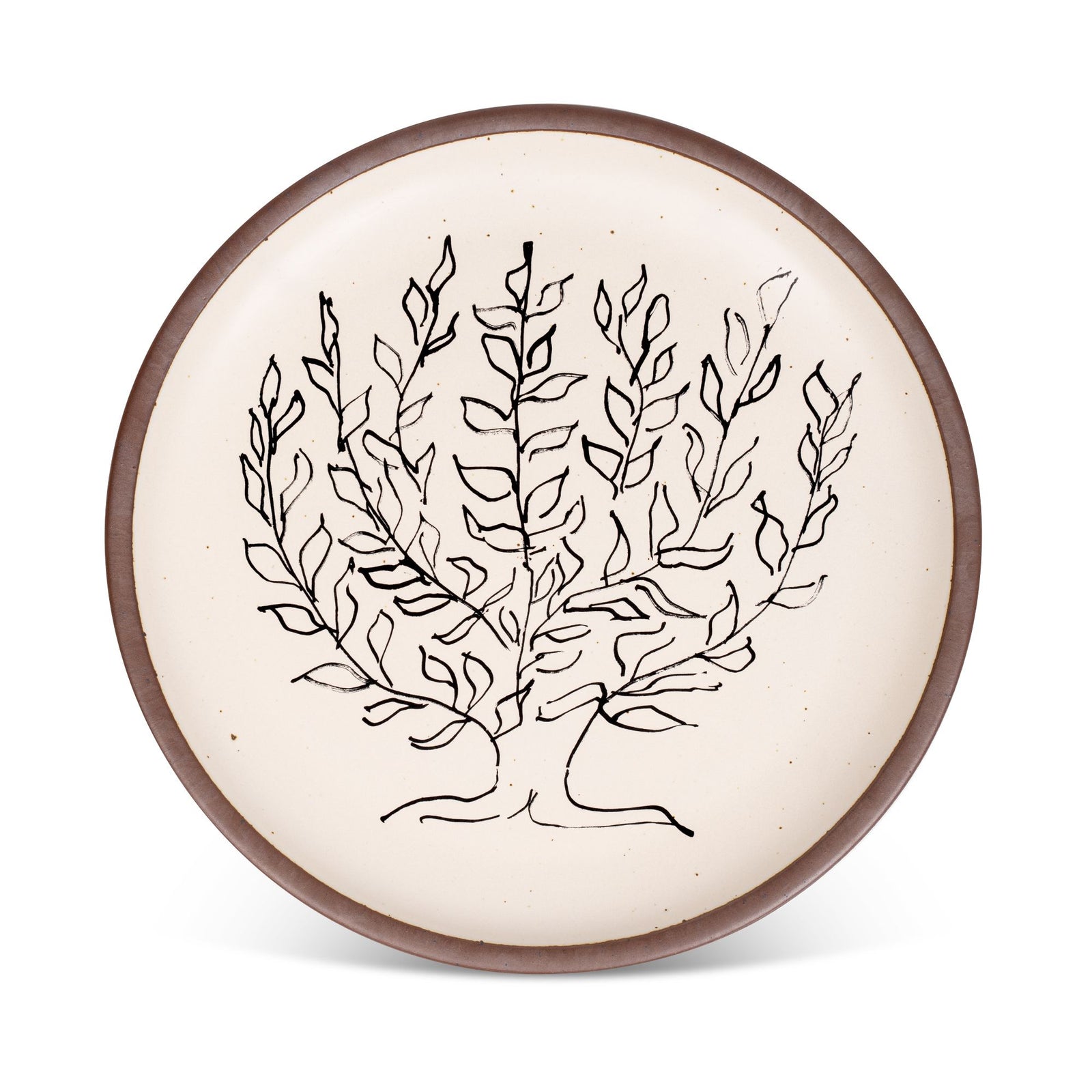 A large serving platter in a warm off-white color with unglazed rim with a black decal of the artwork, Le Platane, from Henri Matisse.