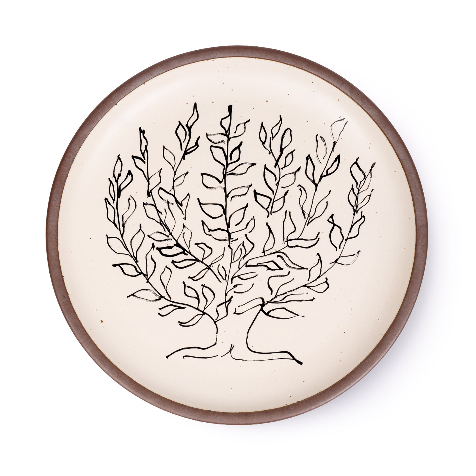 A large serving platter in a warm off-white color with unglazed rim with a black decal of the artwork, Le Platane, from Henri Matisse.