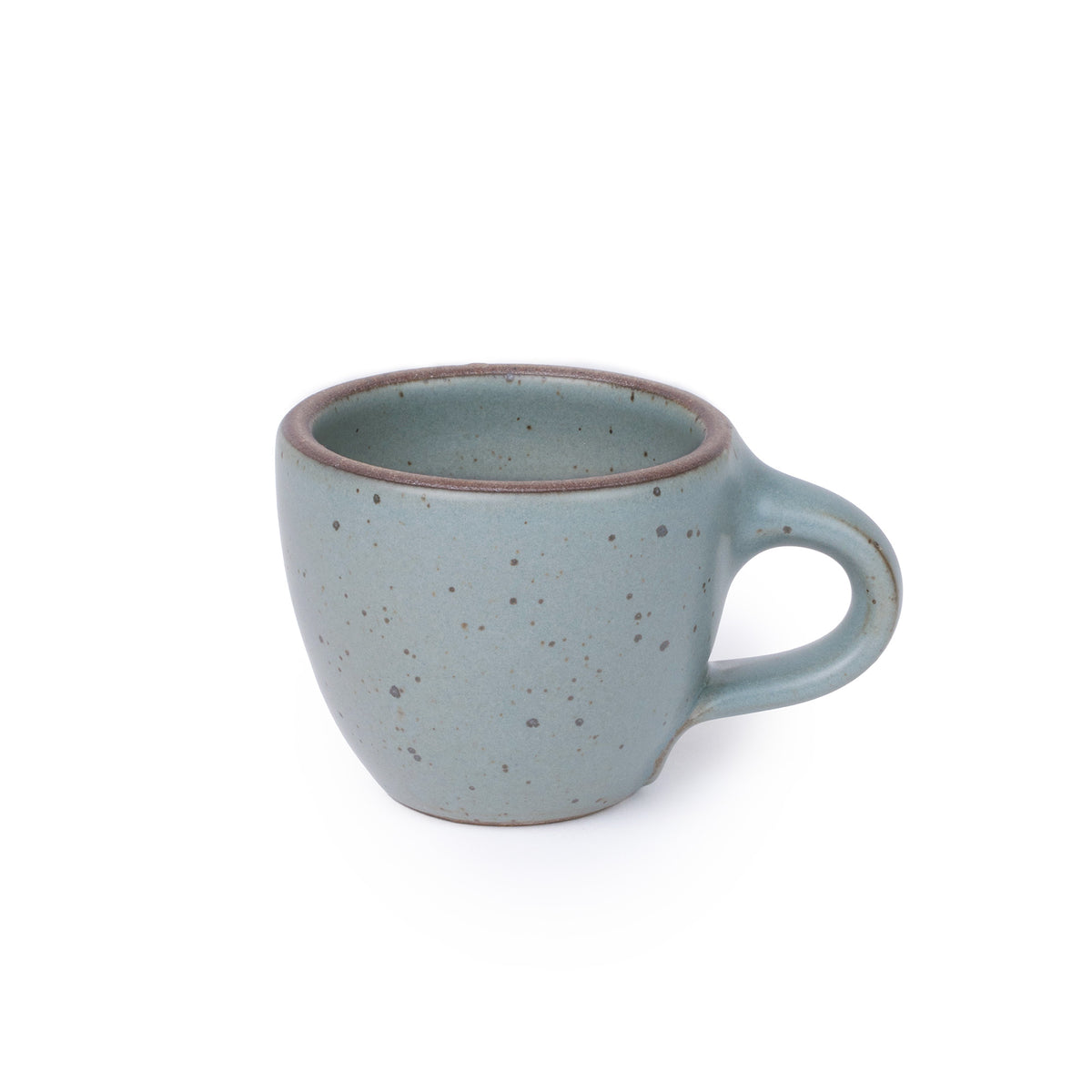 Small stoneware espresso cup with handle, in a blue-grey color with iron speckles.