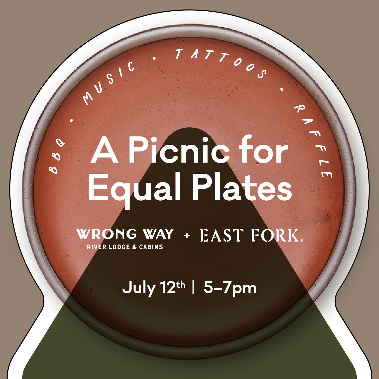 Promo graphic for 'A Picnic for Equal Plates' event featuring a plate with white text and a brown background.