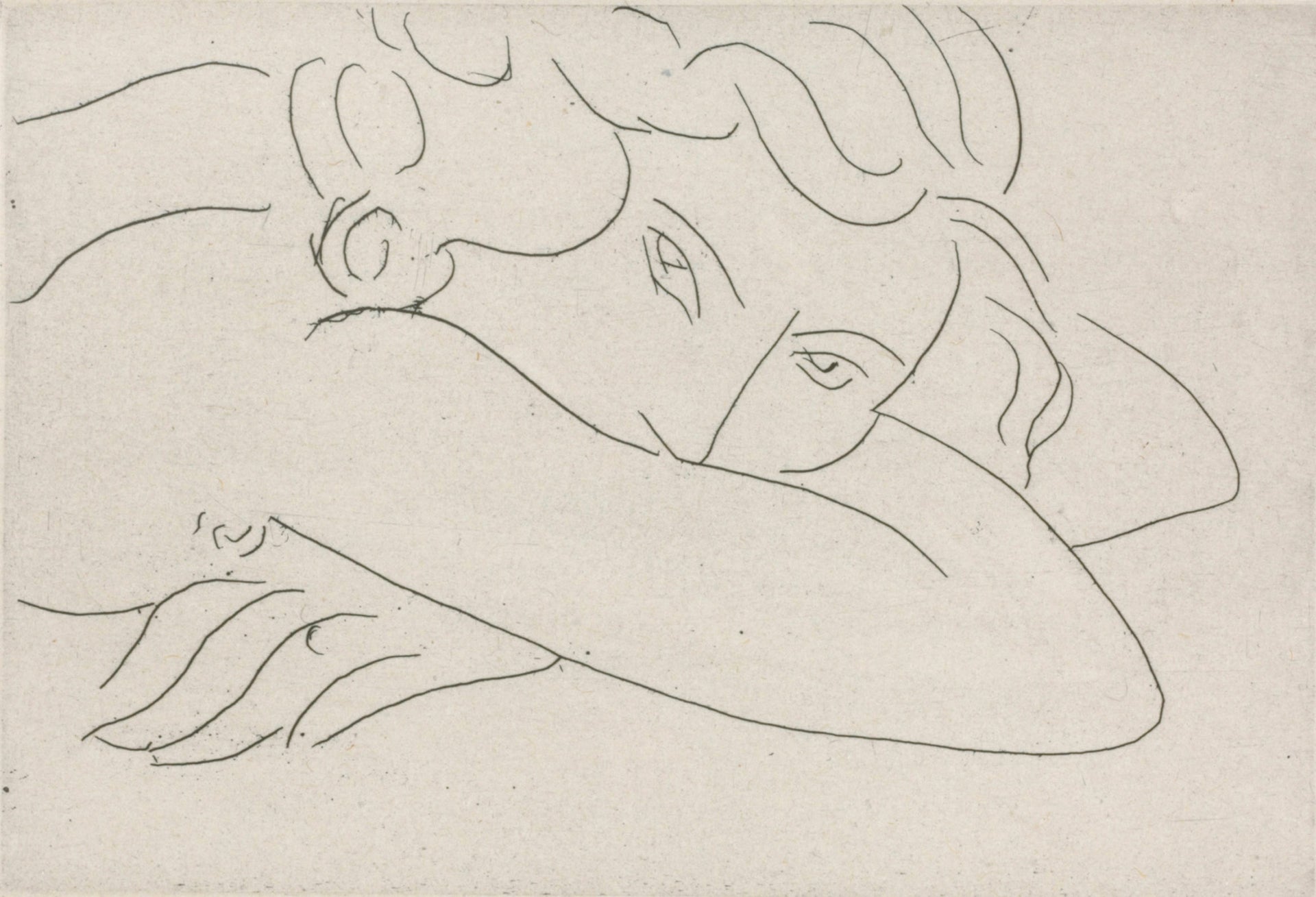 Henri Matisse's Jeune femme le visage enfoui dans les bras, a line drawing of a reclining woman with her face partially resting on her arm