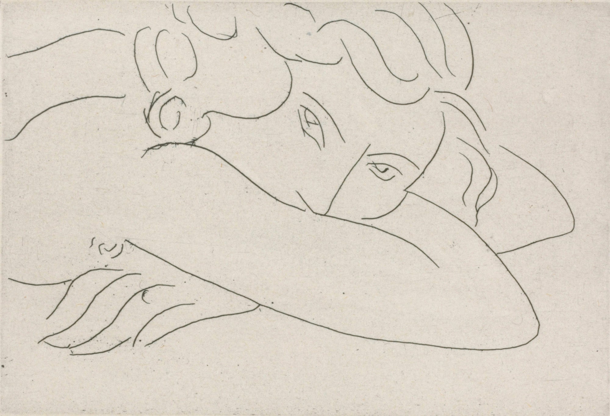Henri Matisse's Jeune femme le visage enfoui dans les bras, a line drawing of a reclining woman with her face partially resting on her arm