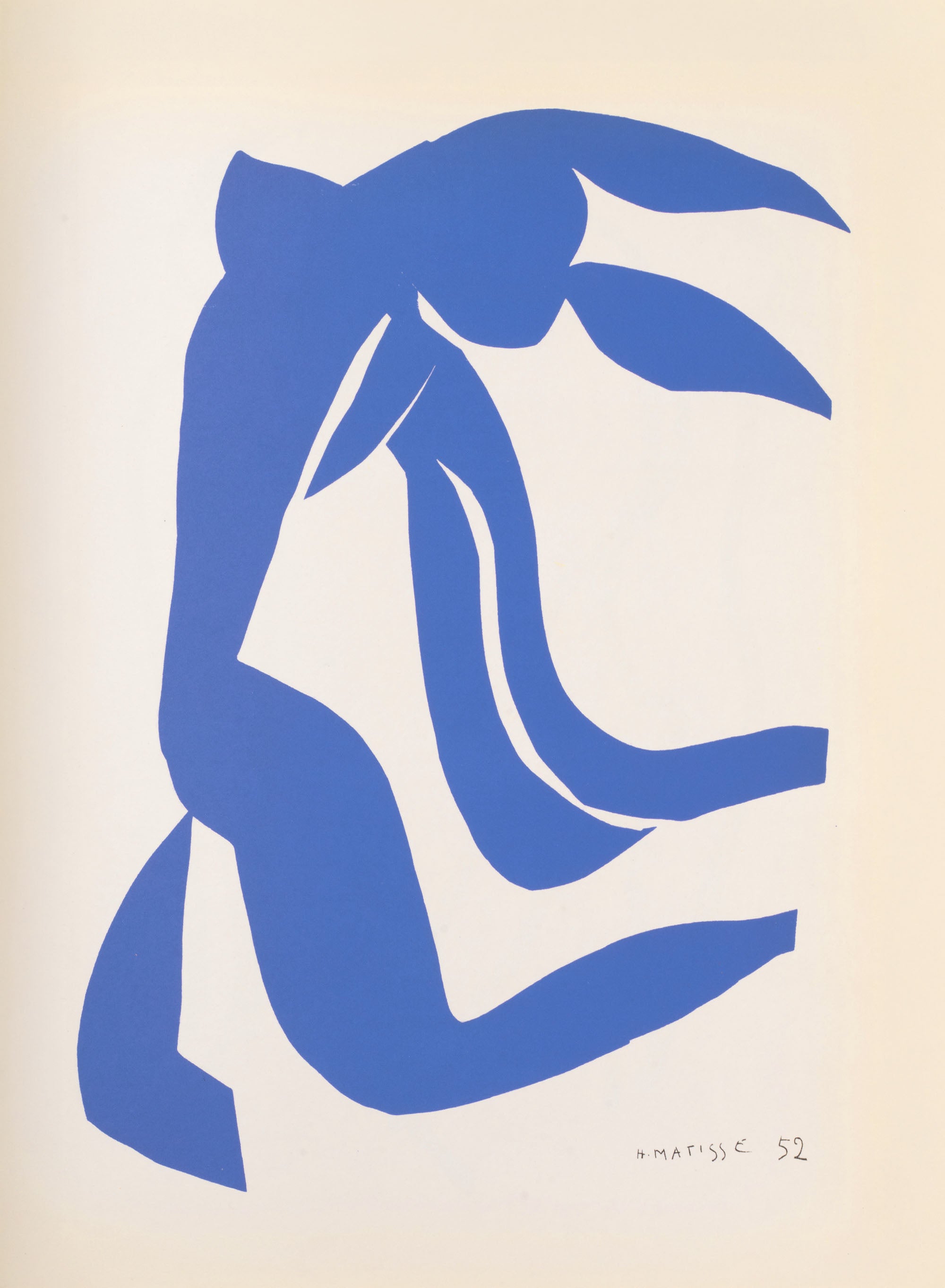 A black and white abstract artwork, La Chevelure, by Henri Matisse featuring a stylized, gestural human figure with flowing curved shapes.
