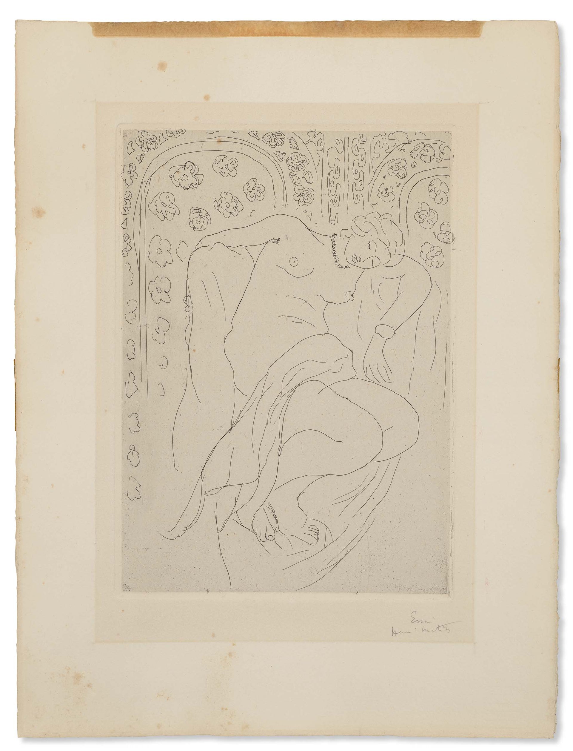 Henri Matisse's Figure endormie sur fond moucharabieh, featuring a fine line drawing of a reclining nude figure with decorative florals