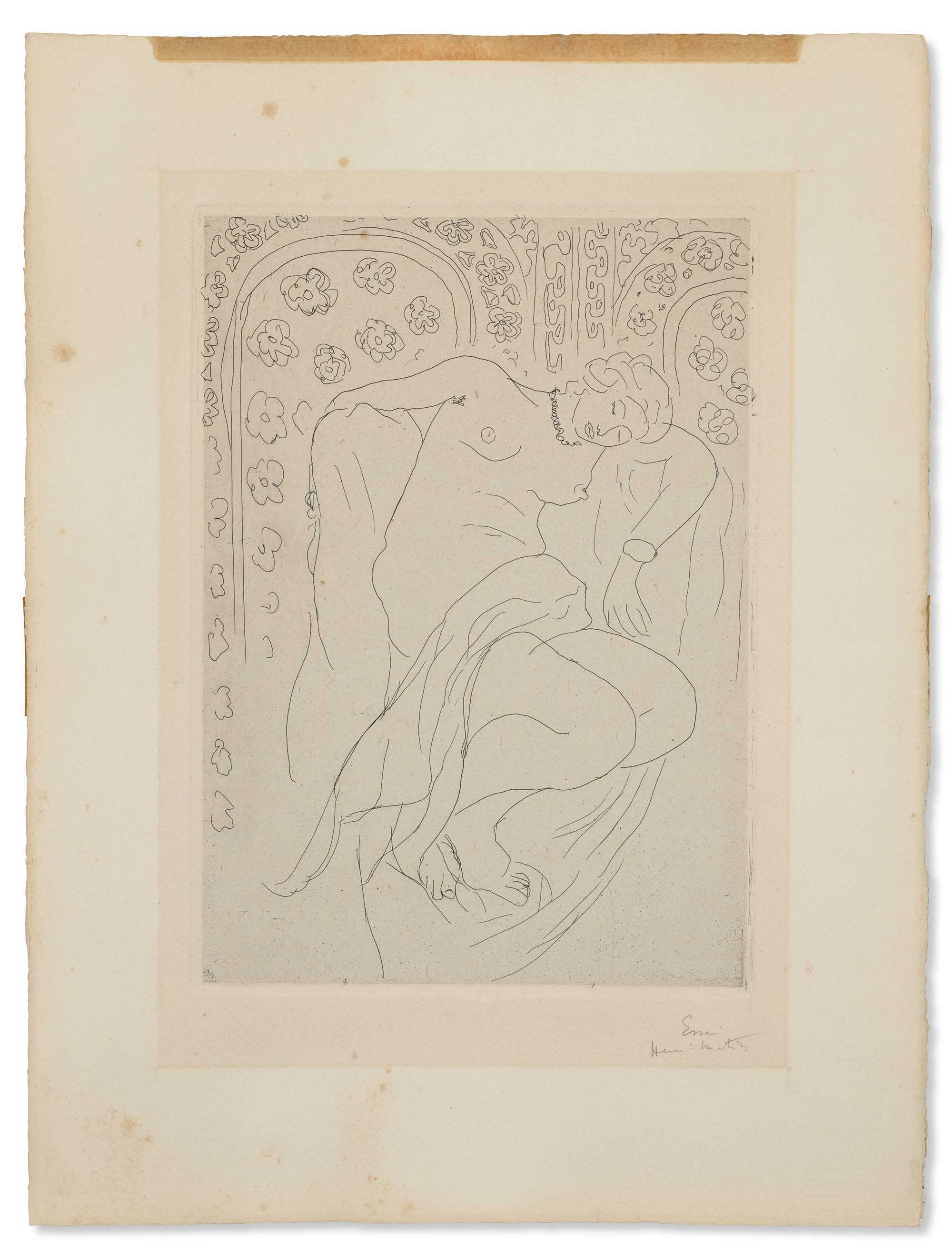 Henri Matisse's Figure endormie sur fond moucharabieh, featuring a fine line drawing of a reclining nude figure with decorative florals