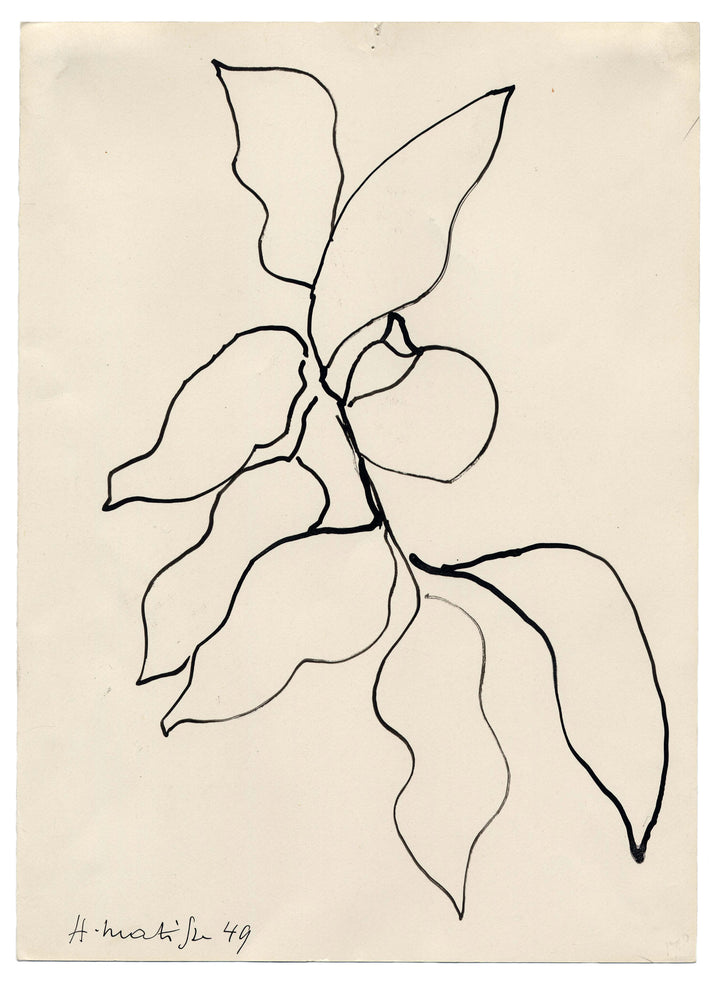 A minimalist black line artwork by Henri Matisse on a warm cream background, with a small handwritten signature and year in the lower left corner.