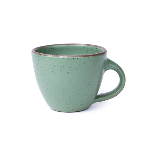 Round stoneware mug with handle, in a green color with iron speckles and an unglazed rim.