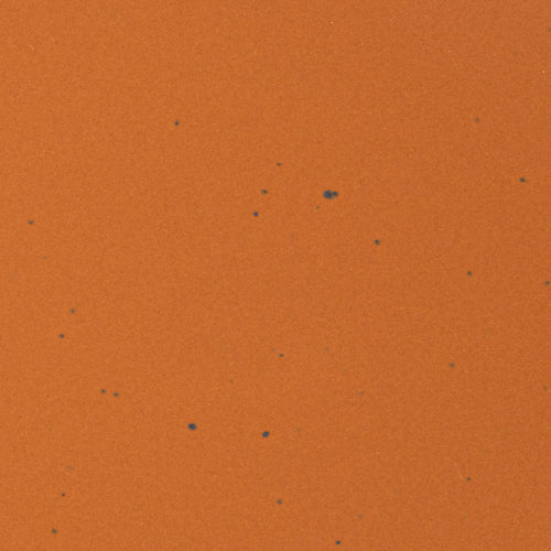A closeup of a ceramic plate in an earthy orange color with iron spots