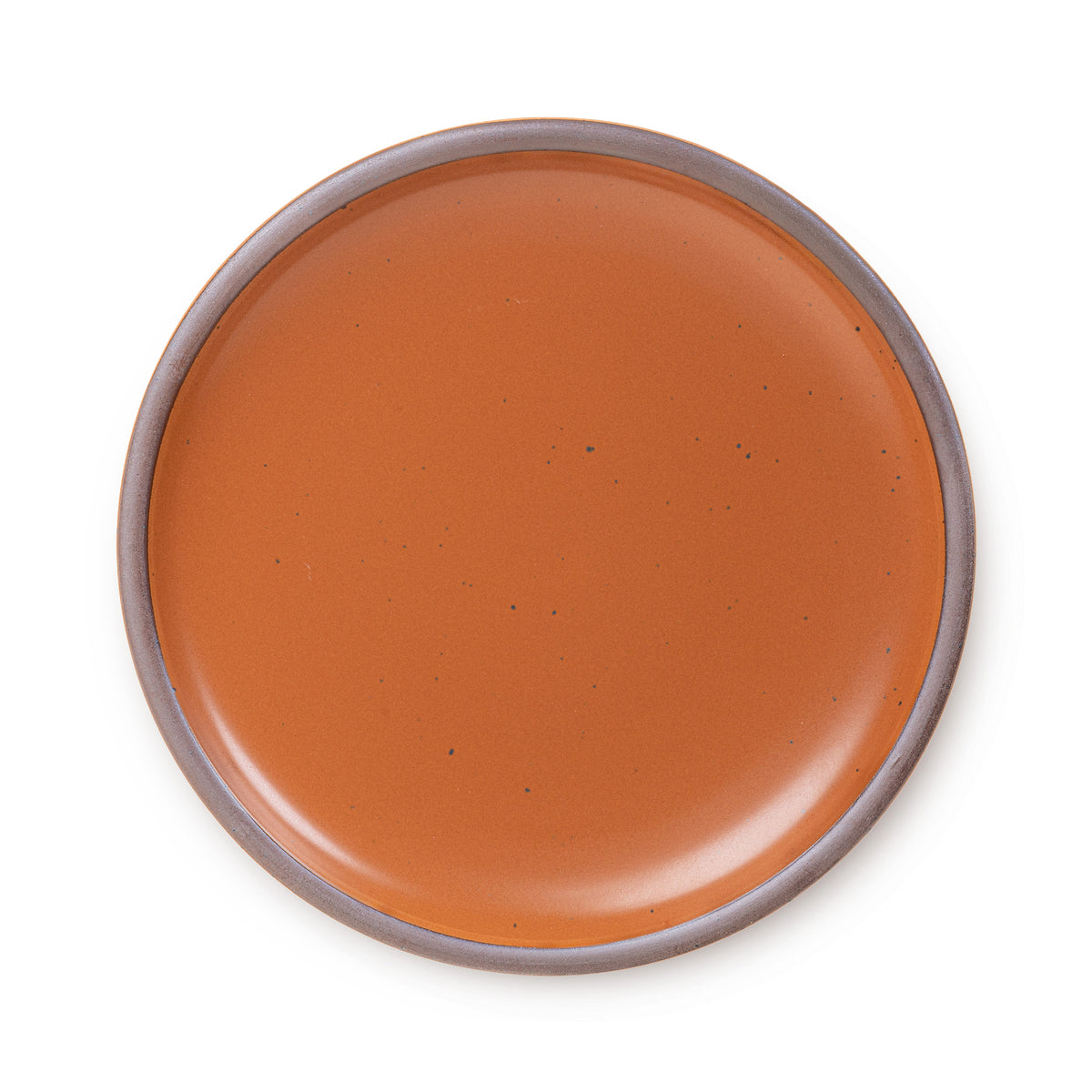 A large ceramic platter in an earthy orange color featuring iron speckles and an unglazed rim.
