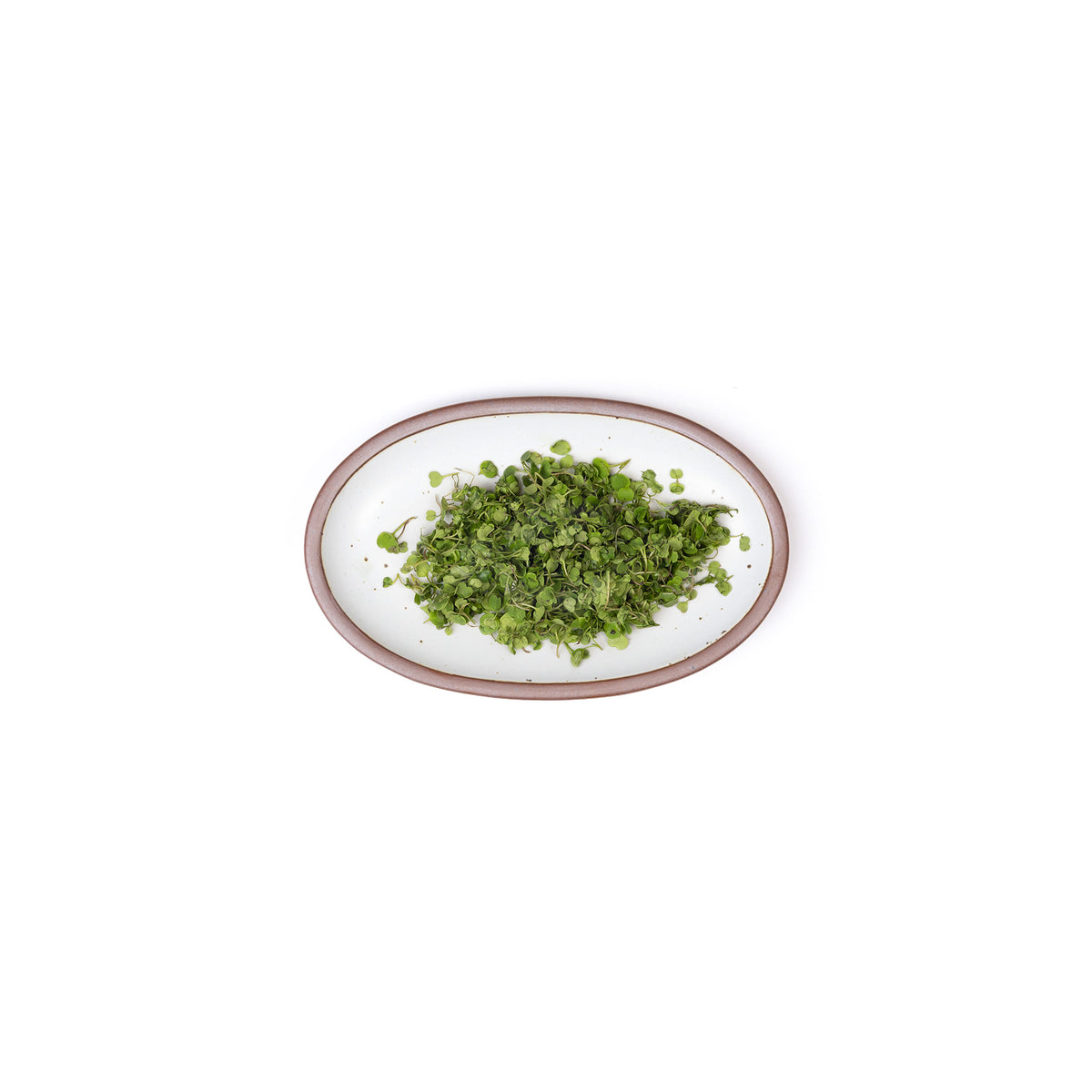 A small oval ceramic platter in a cool white color featuring iron speckles and an unglazed rim, with chopped herbs