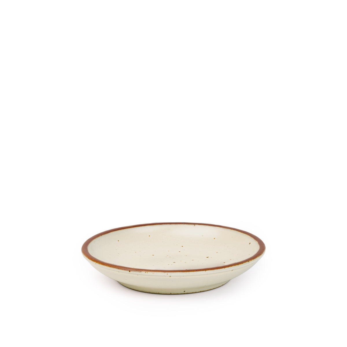 A small ceramic plate with a curved bowl edge in a warm, tan-toned, off-white color featuring iron speckles and an unglazed rim.