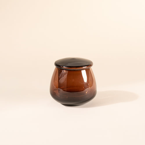 Walnut clear glass butter keeper on white background