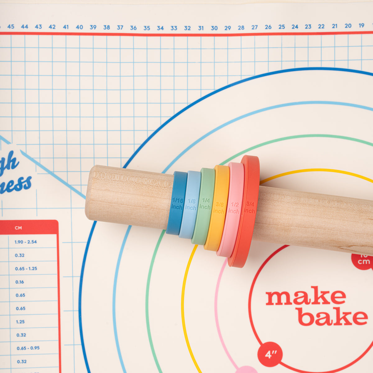 Closeup of a wooden rolling pin with colorful thickness rings on a silicone pastry mat with measurement guides.