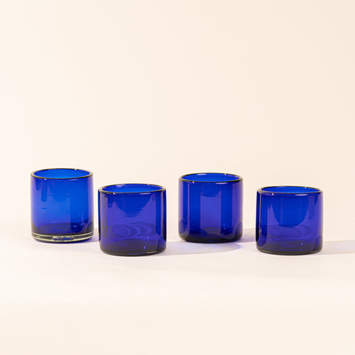 4 cobalt blue short transparent drinking glasses