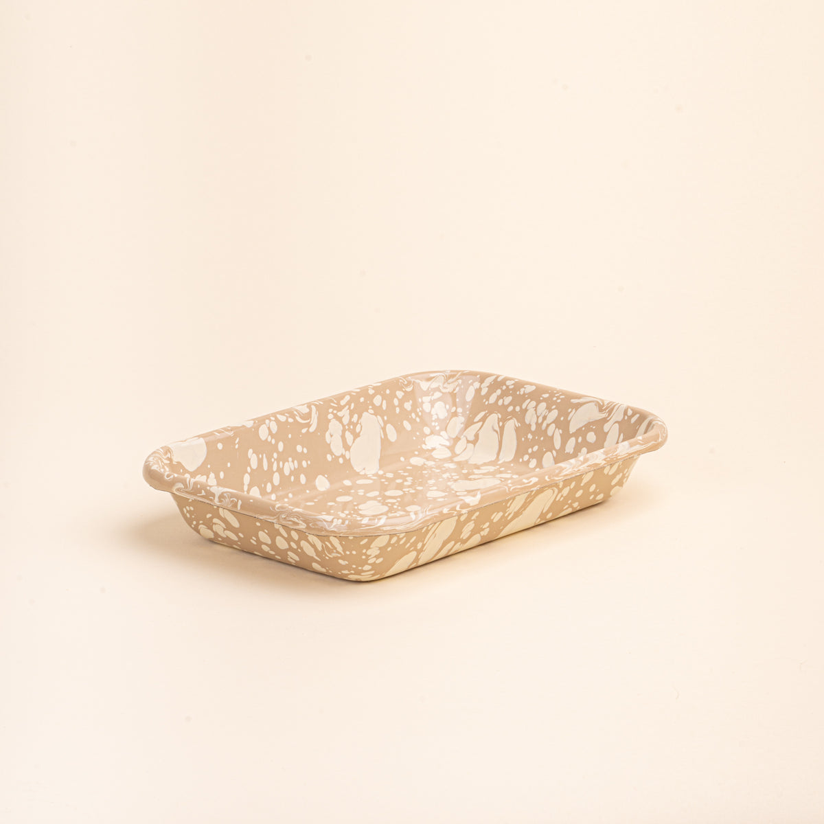 Medium rectangular baking dish in a neutral tan color with off-white splattered pattern.