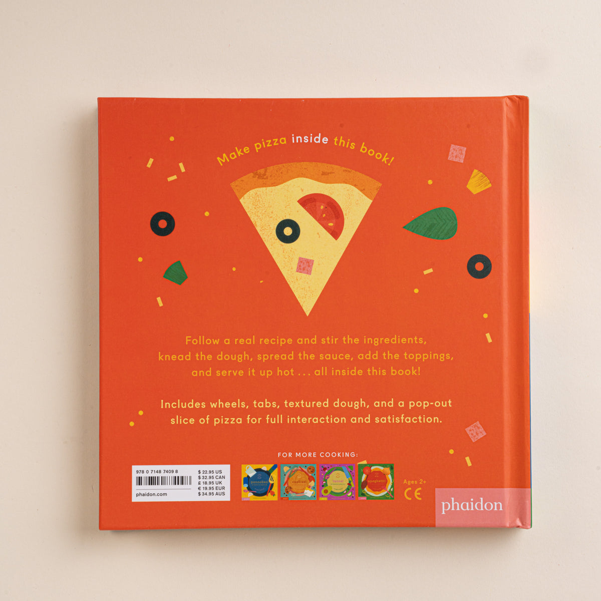 Orange back cover of the Pizza! interactive recipe book with an illustrated slice of pizza.