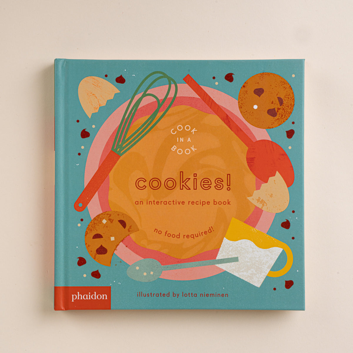 Teal cover of the Cookies! interactive recipe book with illustrations of cookies, baking tools, and ingredients.