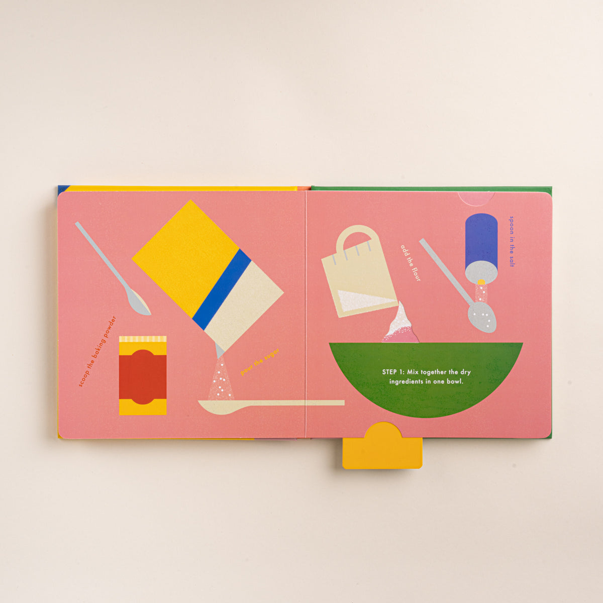 Open Cookies! interactive recipe book showing illustrated baking steps for mixing dry ingredients.