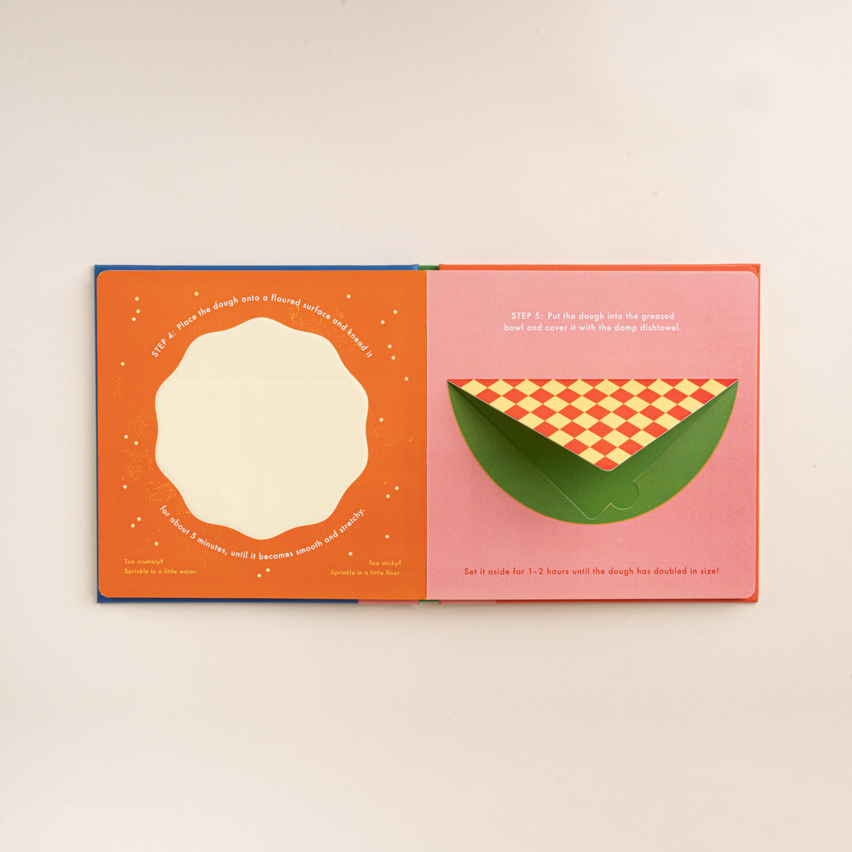 Open Pizza! interactive recipe book showing illustrated steps for kneading and resting pizza dough.