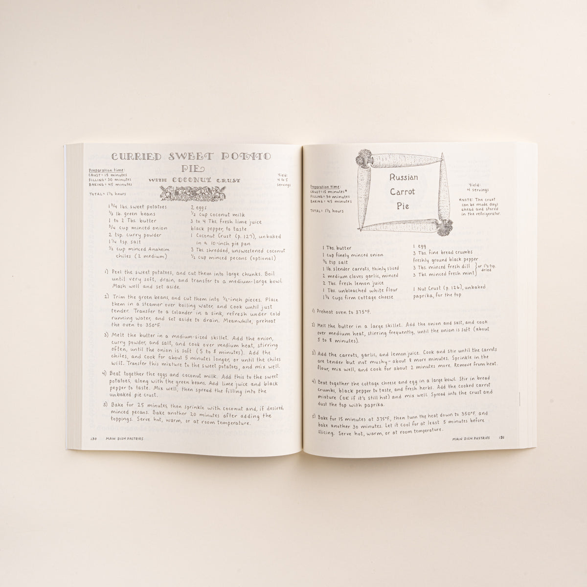 Open cookbook showing recipes for Curried Sweet Potato Pie with Coconut Crust and Russian Carrot Pie.