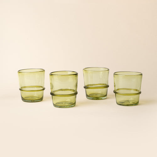 Set of four olive short recycled glass tumblers with a ridged band detail.