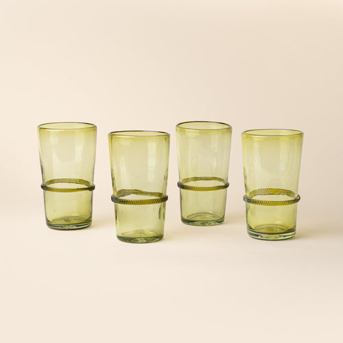 Set of four olive tall recycled glass tumblers with a ridged band detail.