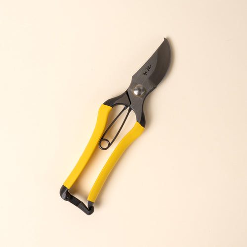 Closed yellow-handled pruning shears with metal blades and spring mechanism, shown on a neutral background.