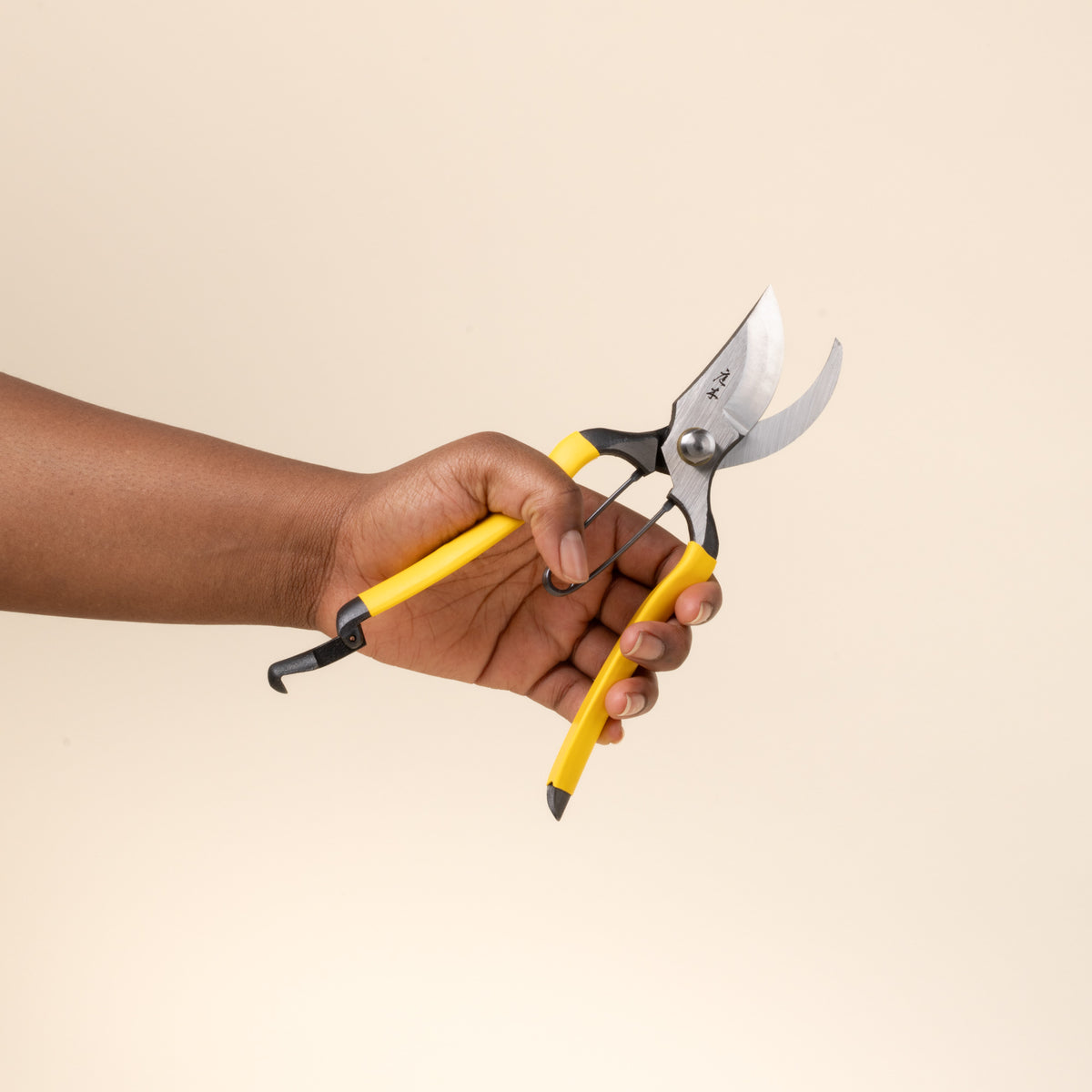 A hand holds yellow-handled pruning shears with metal blades and spring mechanism, shown on a neutral background.