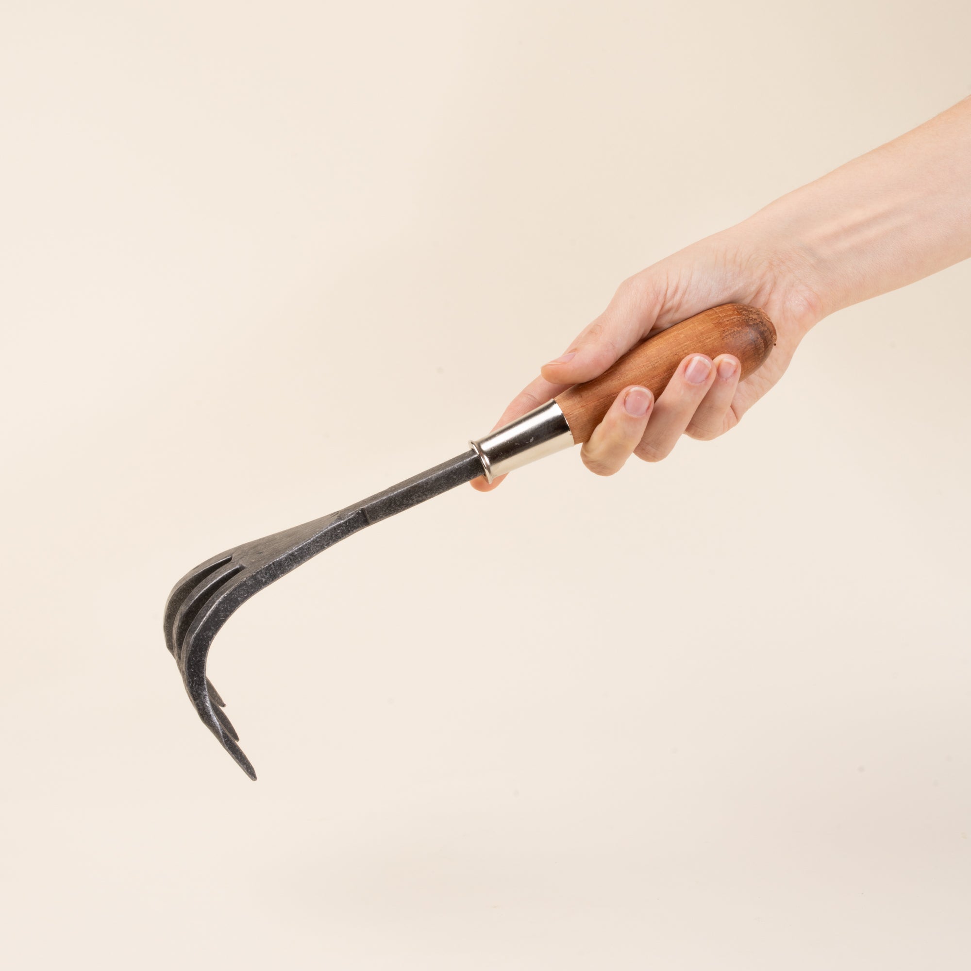 A hand holds a three-prong garden cultivator with a wooden handle.
