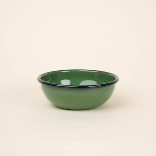 A medium enamel bowl in green with a dark rim.