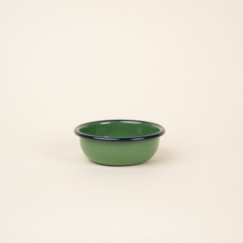 A small enamel bowl in green with a dark rim.