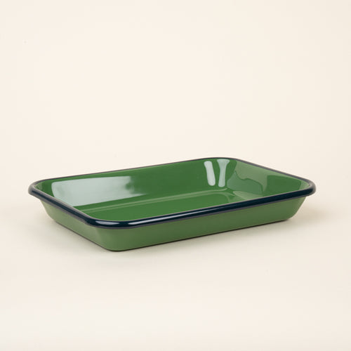 Large rectangular baking dish in a green color with a dark green rim.
