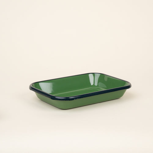 Medium rectangular baking dish in a green color with a dark green rim.