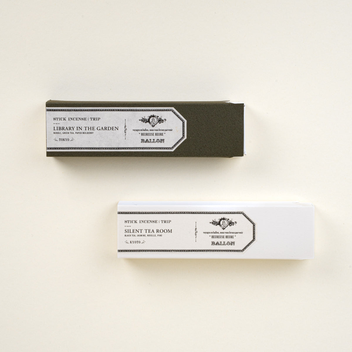 Two boxed incense sets labeled “Library in the Garden” and “Silent Tea Room,” shown on a neutral background.