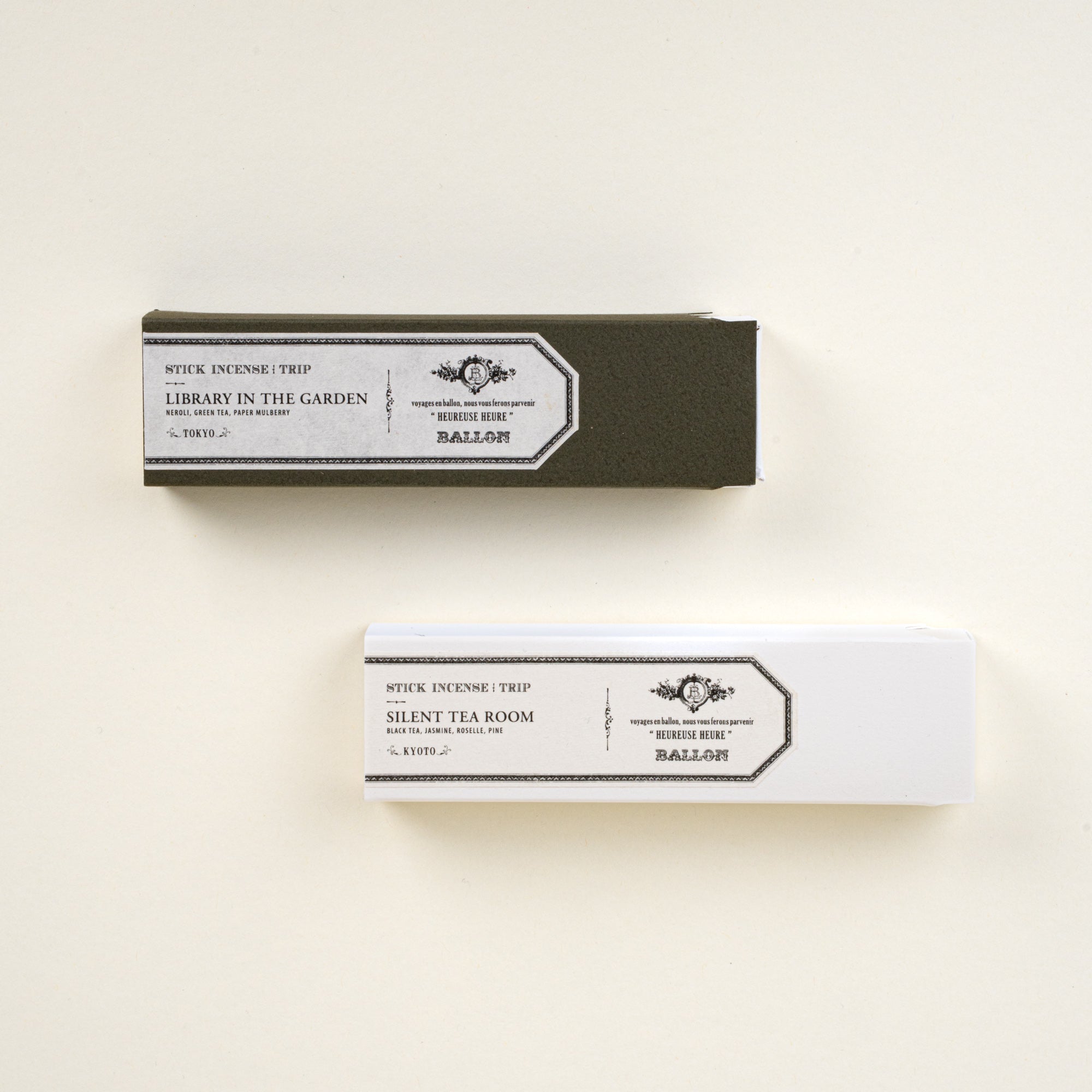 Two boxed incense sets labeled “Library in the Garden” and “Silent Tea Room,” shown on a neutral background.